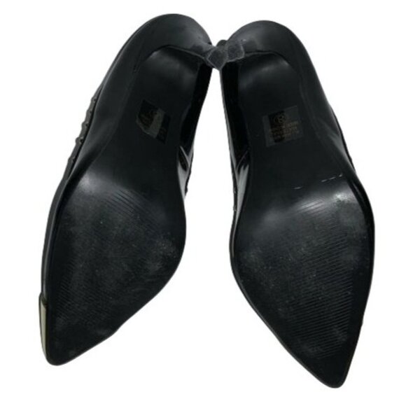 Black Patent Leather Pointed-Toe Heels With Gold Studded Trim & Metallic Cap Toe - Picture 4 of 5